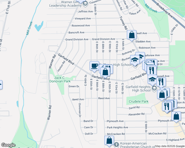 map of restaurants, bars, coffee shops, grocery stores, and more near 8505 Garfield Boulevard in Garfield Heights