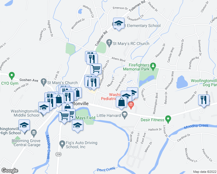 map of restaurants, bars, coffee shops, grocery stores, and more near 27 Moore Lane in Washingtonville