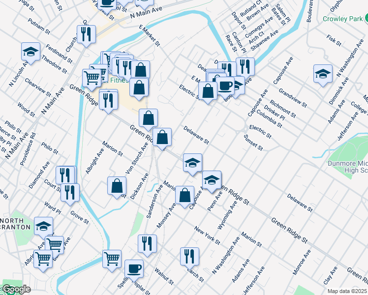 map of restaurants, bars, coffee shops, grocery stores, and more near 1641 Sanderson Avenue in Scranton