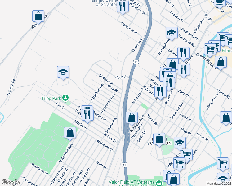 map of restaurants, bars, coffee shops, grocery stores, and more near 1210 North Rebecca Avenue in Scranton