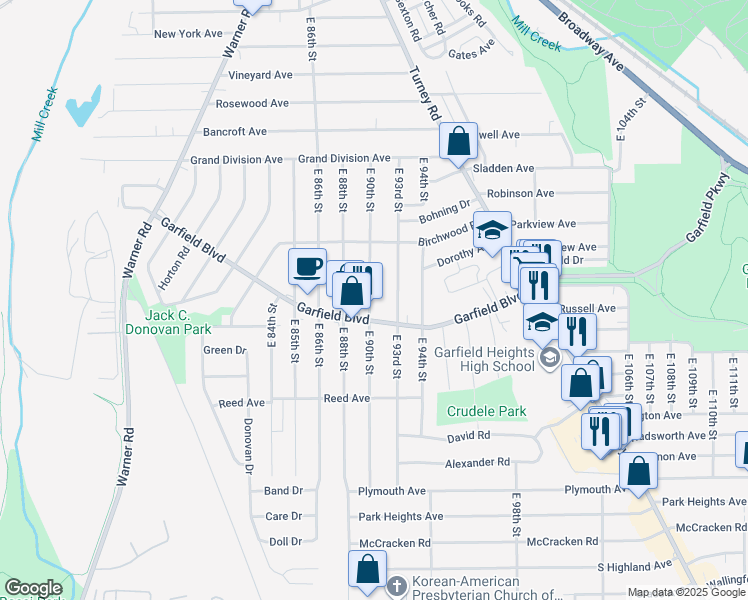 map of restaurants, bars, coffee shops, grocery stores, and more near 4757 East 90th Street in Garfield Heights