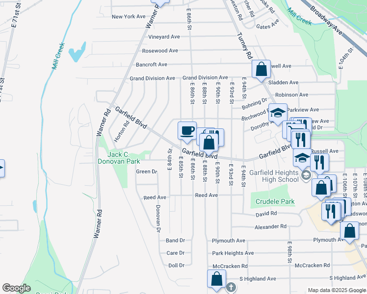 map of restaurants, bars, coffee shops, grocery stores, and more near 4757 East 85th Street in Garfield Heights