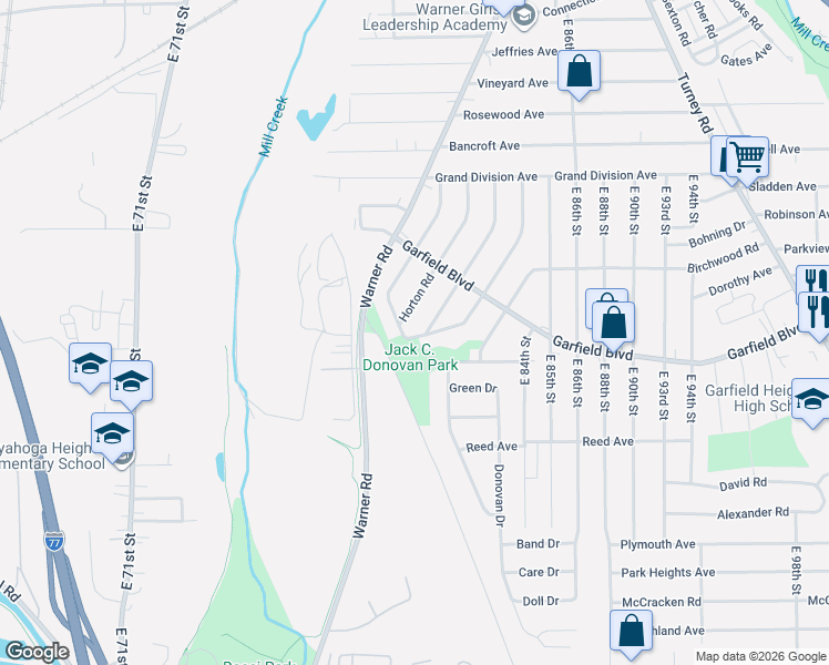 map of restaurants, bars, coffee shops, grocery stores, and more near 4773 Horton Road in Garfield Heights