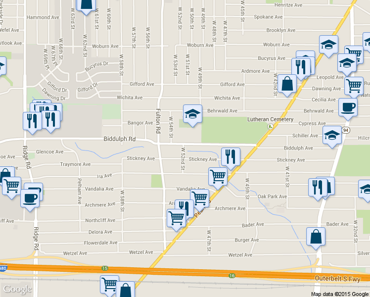 map of restaurants, bars, coffee shops, grocery stores, and more near 5111 Biddulph Road in Cleveland