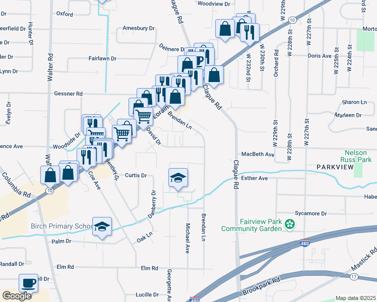 map of restaurants, bars, coffee shops, grocery stores, and more near 23500 David Drive in North Olmsted
