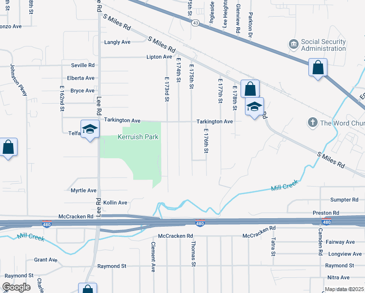 map of restaurants, bars, coffee shops, grocery stores, and more near 4760 East 174th Street in Cleveland