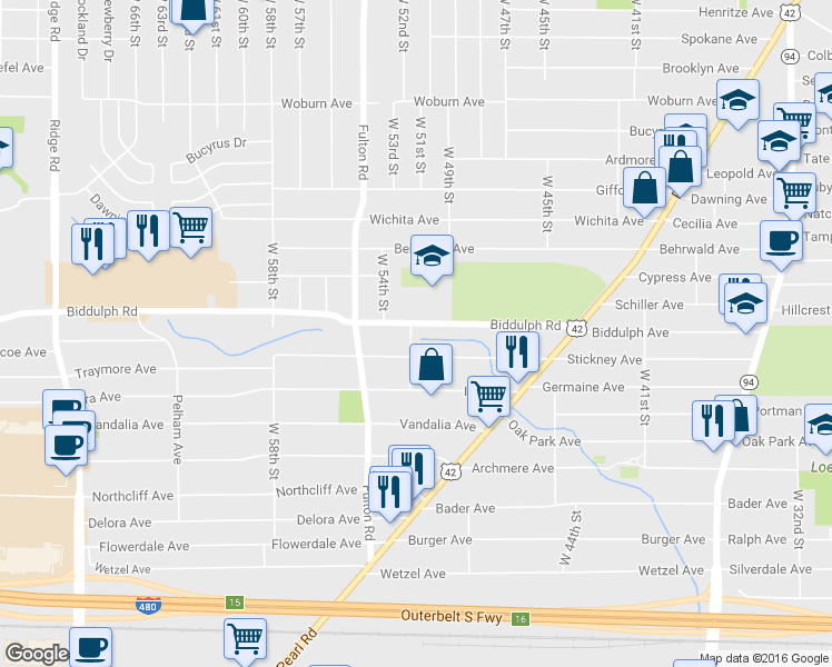 map of restaurants, bars, coffee shops, grocery stores, and more near 5111 Biddulph Road in Cleveland