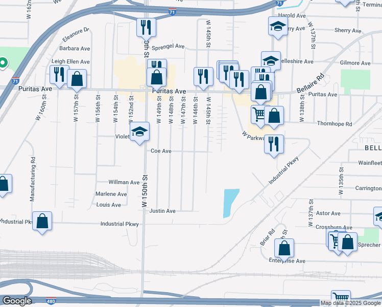 map of restaurants, bars, coffee shops, grocery stores, and more near 4577 West 147th Street in Cleveland