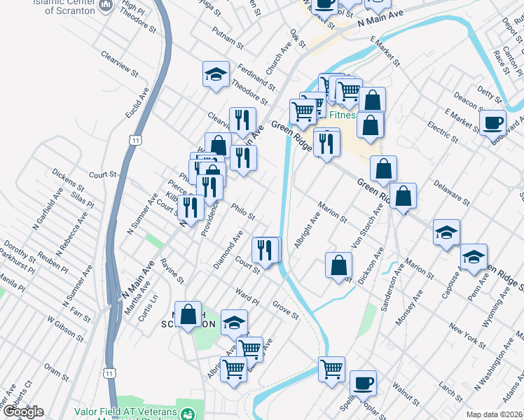 map of restaurants, bars, coffee shops, grocery stores, and more near 1314 Diamond Ave in Scranton