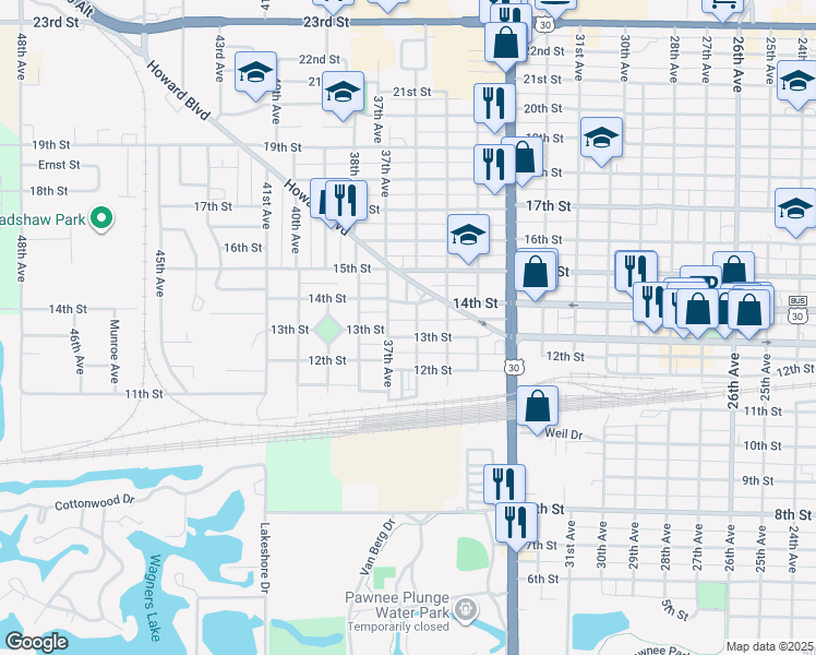 map of restaurants, bars, coffee shops, grocery stores, and more near 3606 13th St in Columbus