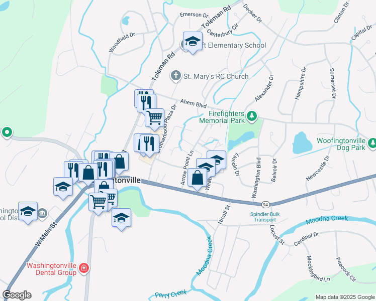 map of restaurants, bars, coffee shops, grocery stores, and more near 10 Brook Drive in Washingtonville
