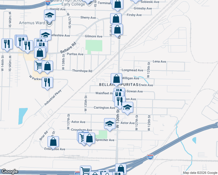 map of restaurants, bars, coffee shops, grocery stores, and more near 13109 Wilton Avenue in Cleveland