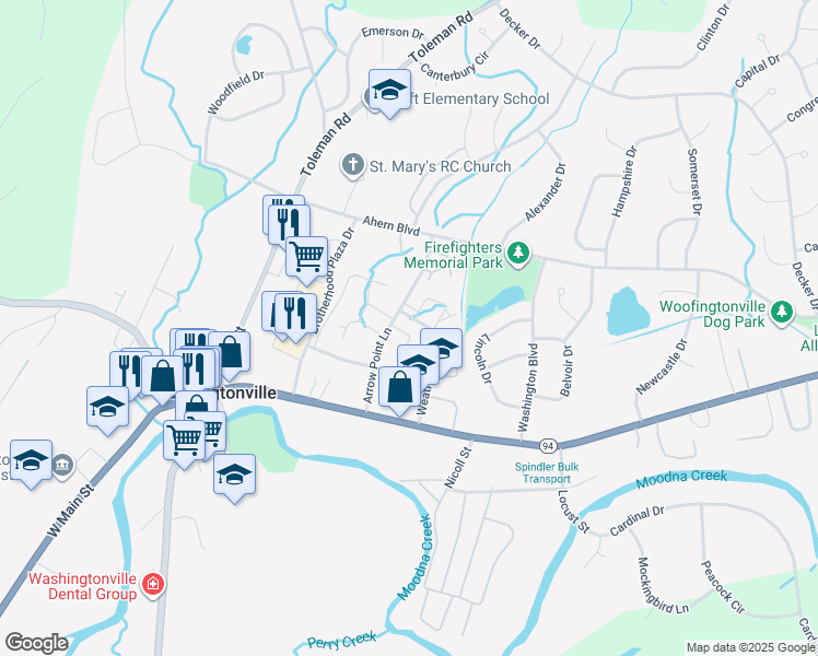 map of restaurants, bars, coffee shops, grocery stores, and more near 1 Goldsmith Court in Washingtonville