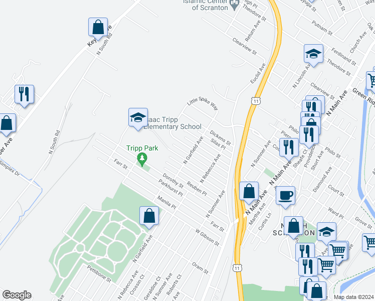 map of restaurants, bars, coffee shops, grocery stores, and more near 1707 Hawthorne Street in Scranton