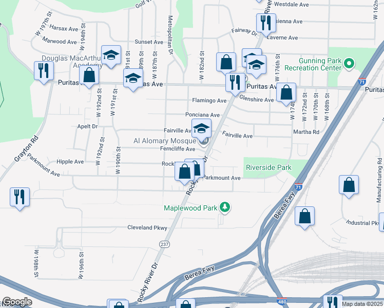 map of restaurants, bars, coffee shops, grocery stores, and more near 18313 Ferncliffe Ave in Cleveland