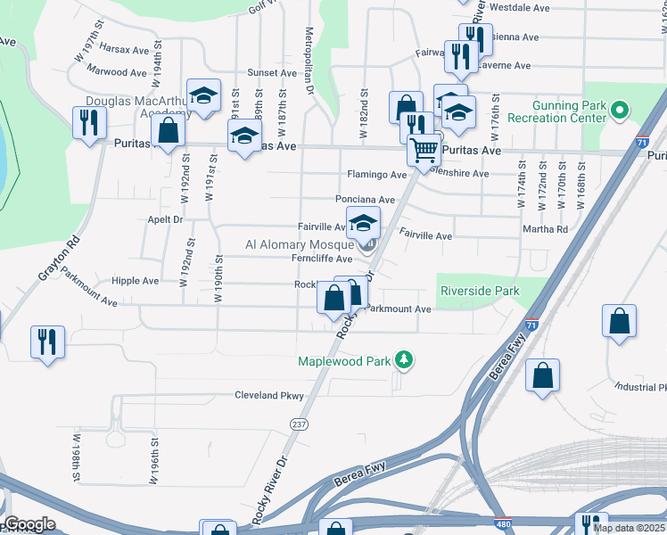 map of restaurants, bars, coffee shops, grocery stores, and more near 18313 Ferncliffe Avenue in Cleveland