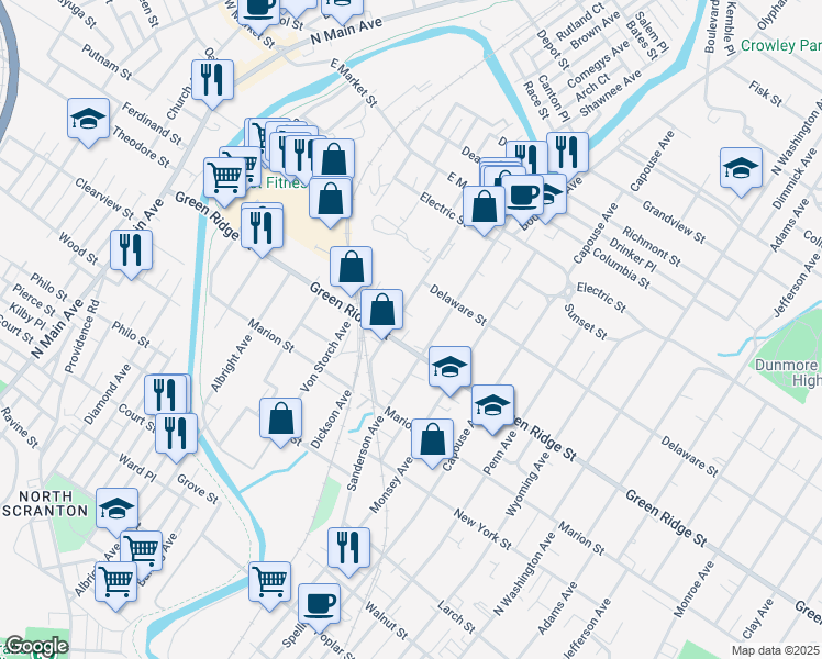 map of restaurants, bars, coffee shops, grocery stores, and more near 1612 Dickson Avenue in Scranton