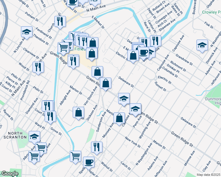 map of restaurants, bars, coffee shops, grocery stores, and more near 1612 Dickson Avenue in Scranton