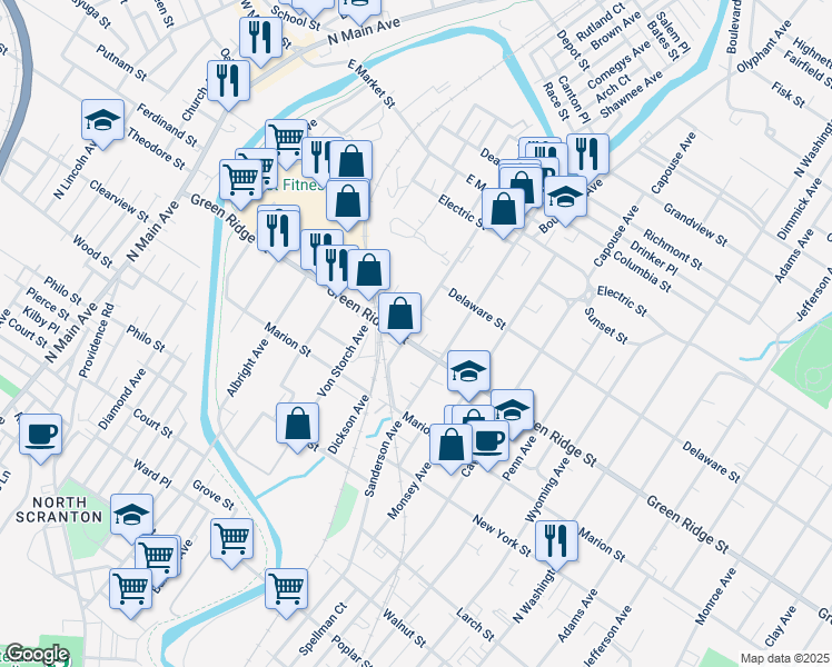 map of restaurants, bars, coffee shops, grocery stores, and more near 1612 Dickson Avenue in Scranton