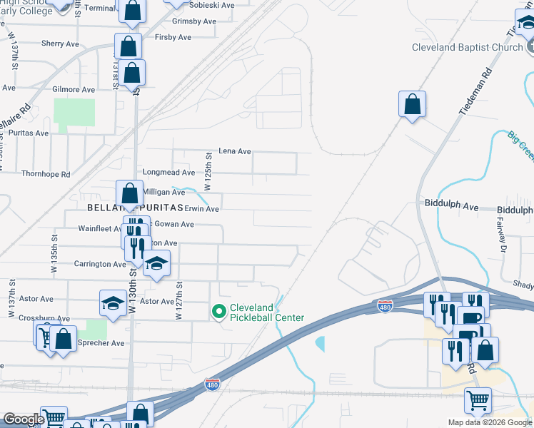 map of restaurants, bars, coffee shops, grocery stores, and more near 12010 Erwin Avenue in Cleveland