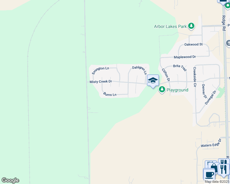 map of restaurants, bars, coffee shops, grocery stores, and more near 1121 Burns Lane in Minooka