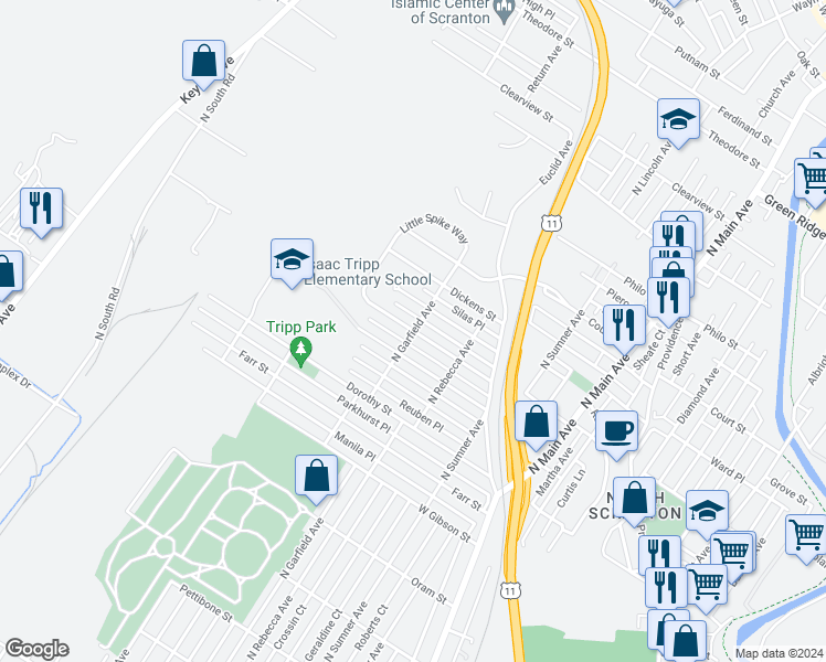 map of restaurants, bars, coffee shops, grocery stores, and more near 1700 Hawthorne Street in Scranton