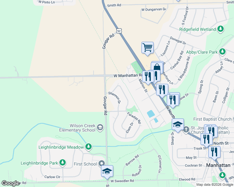 map of restaurants, bars, coffee shops, grocery stores, and more near 25101 Faraday Road in Manhattan