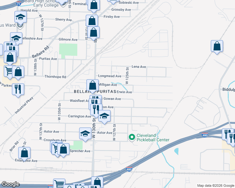 map of restaurants, bars, coffee shops, grocery stores, and more near 12617 Erwin Avenue in Cleveland