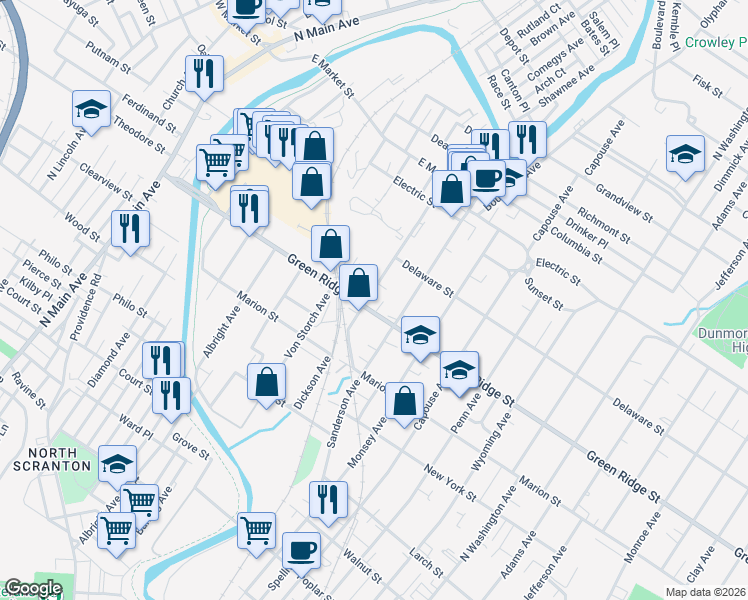 map of restaurants, bars, coffee shops, grocery stores, and more near 1612 Dickson Avenue in Scranton