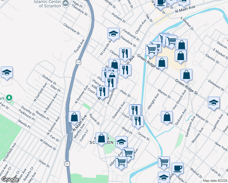 map of restaurants, bars, coffee shops, grocery stores, and more near 1254 Providence Road in Scranton