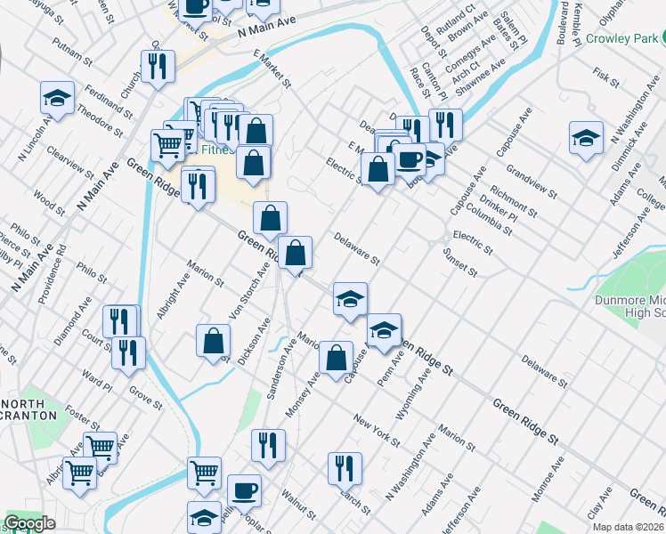 map of restaurants, bars, coffee shops, grocery stores, and more near 1635 Sanderson Avenue in Scranton