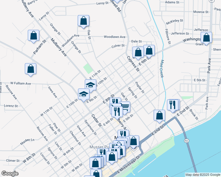 map of restaurants, bars, coffee shops, grocery stores, and more near 606 East 9th Street in Muscatine