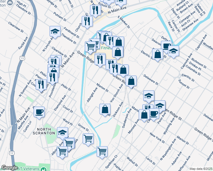 map of restaurants, bars, coffee shops, grocery stores, and more near 1515 Meylert Avenue in Scranton