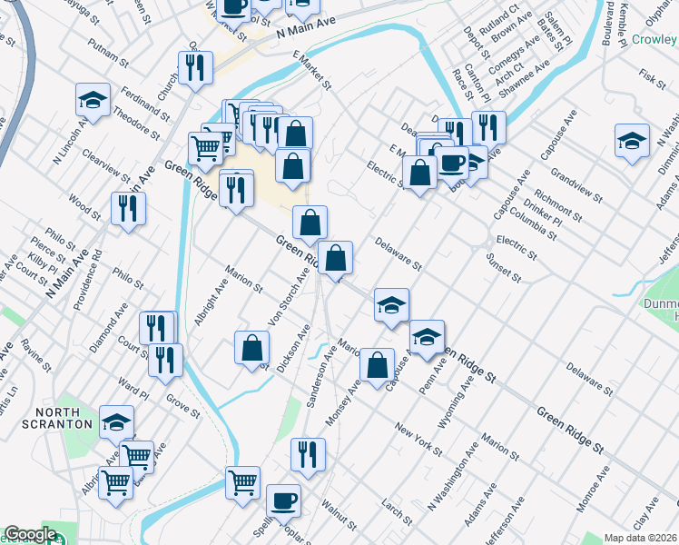 map of restaurants, bars, coffee shops, grocery stores, and more near 1612 Dickson Avenue in Scranton