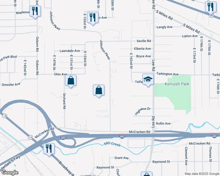 map of restaurants, bars, coffee shops, grocery stores, and more near 15305 Neo Parkway in Cleveland