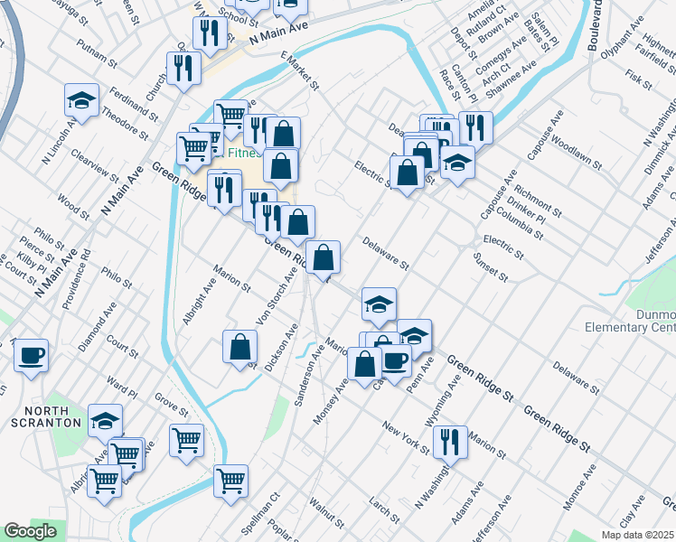 map of restaurants, bars, coffee shops, grocery stores, and more near 1612 Dickson Ave in Scranton