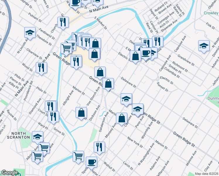 map of restaurants, bars, coffee shops, grocery stores, and more near 1612 Dickson Avenue in Scranton