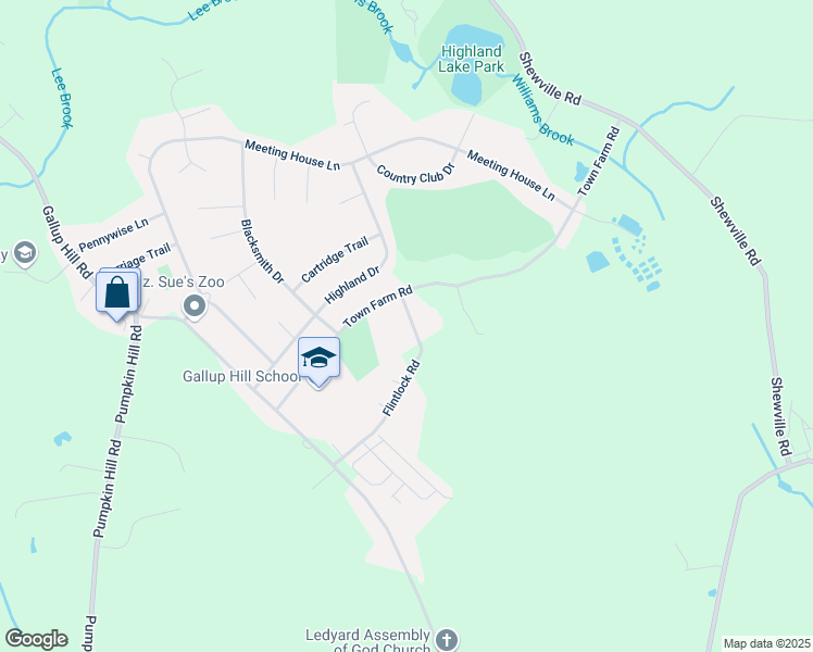 map of restaurants, bars, coffee shops, grocery stores, and more near 11 Flintlock Road in Ledyard