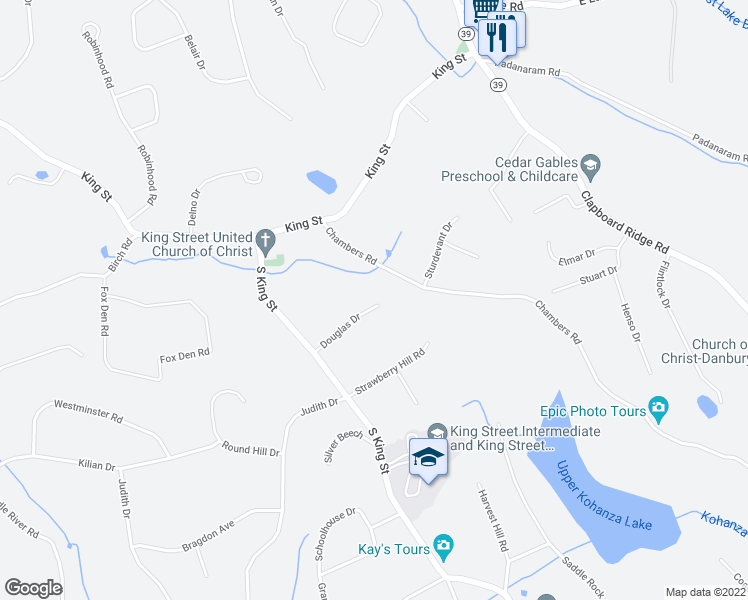 map of restaurants, bars, coffee shops, grocery stores, and more near 14 Douglas Drive in Danbury