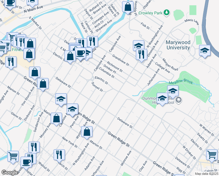 map of restaurants, bars, coffee shops, grocery stores, and more near 1034 Electric Street in Scranton