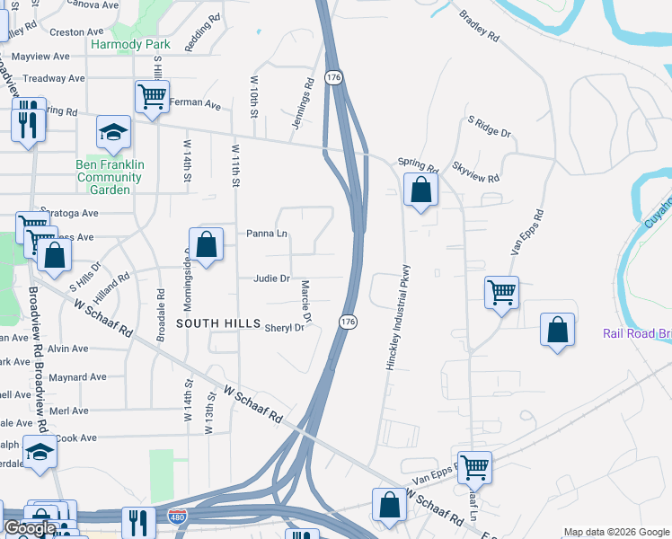 map of restaurants, bars, coffee shops, grocery stores, and more near 600 Judie Drive in Cleveland