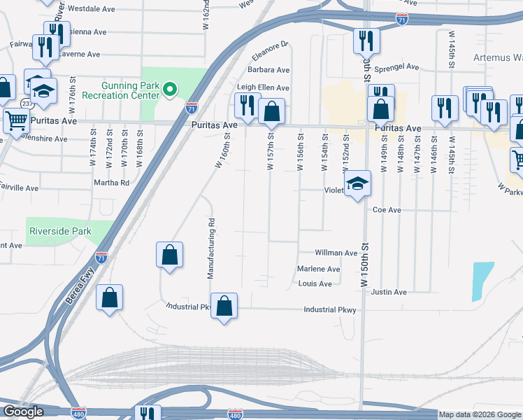 map of restaurants, bars, coffee shops, grocery stores, and more near 4587 West 157th Street in Cleveland