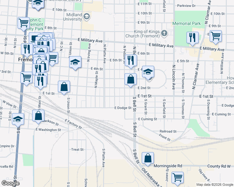 map of restaurants, bars, coffee shops, grocery stores, and more near 120 North Logan Street in Fremont