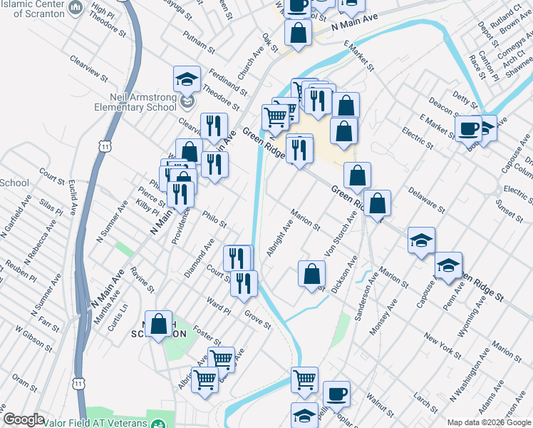 map of restaurants, bars, coffee shops, grocery stores, and more near 1409 Gardner Ave in Scranton