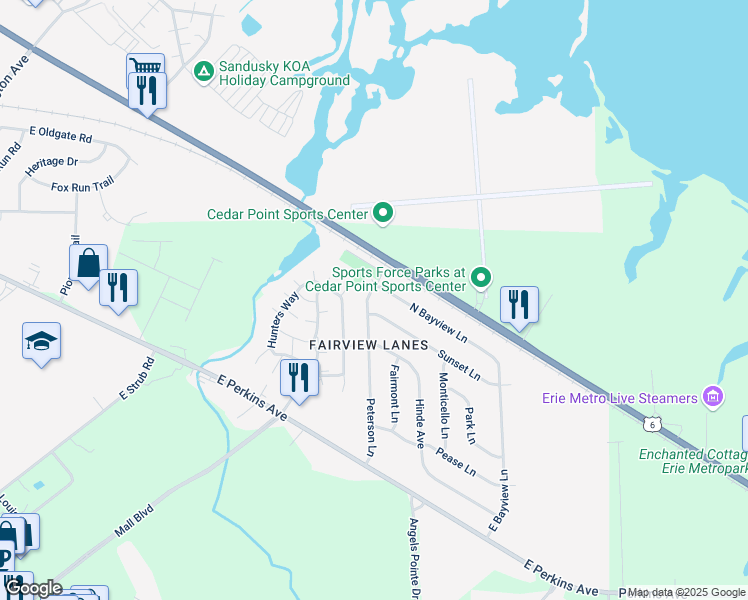 map of restaurants, bars, coffee shops, grocery stores, and more near 2514 Peterson Ln in Sandusky