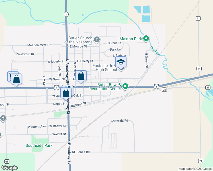 map of restaurants, bars, coffee shops, grocery stores, and more near 513 East Main Street in Butler