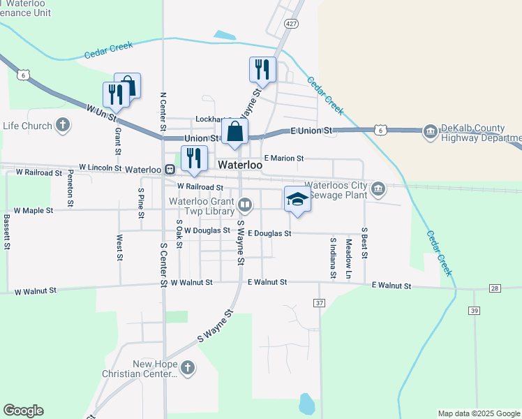 map of restaurants, bars, coffee shops, grocery stores, and more near 200 East Maple Street in Waterloo