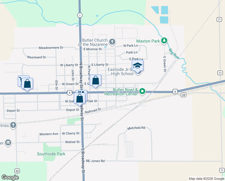 map of restaurants, bars, coffee shops, grocery stores, and more near 411 East Main Street in Butler