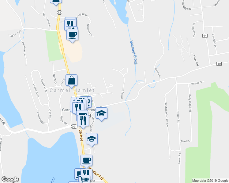 map of restaurants, bars, coffee shops, grocery stores, and more near 41 Woodland Trail in Carmel Hamlet