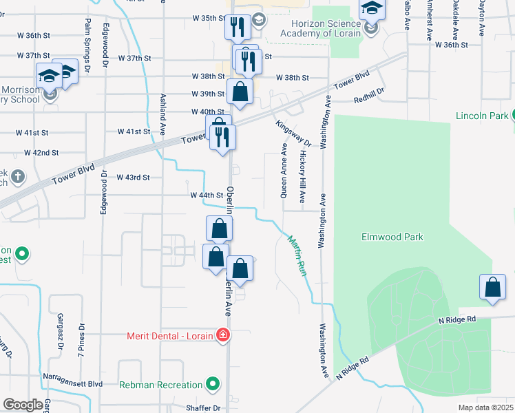 map of restaurants, bars, coffee shops, grocery stores, and more near 4444 Princess Anne Ct in Lorain